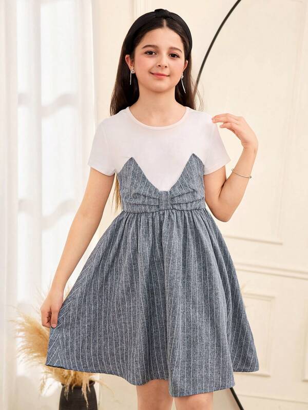 SHEIN Tween Girls Casual Homewear/School/Commute Bow Decor 2 In 1 Patchwork Short Sleeve Dress, Woven Patchwork Dress
