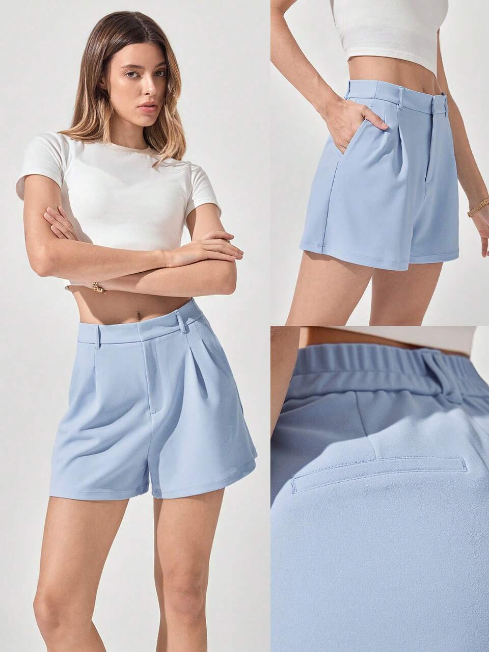 Easy Win Wrinkle-Resistant Elastic Waistband Front Zip Work Shorts With Side Pockets Daily Casual Office Work Leisure