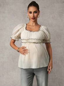 MaterniChic Pregnant Women Elegant Ruffled Short Puff Sleeve Fashionable Shirt, Summer Maternity Shirts - Apricot - View 5