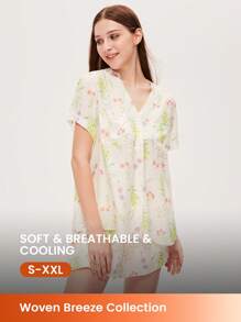 LUVLETTE 夏季柔软人造丝度假印花短袖基本款纽扣上衣和短裤女士家居服透气睡衣套装婚礼必备带口袋长裤内衣新娘贴身内衣四角裤套装 - 白色 - 查看 2