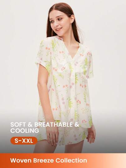 LUVLETTE Soft Rayon Vacation Floral Patterned Short-Sleeve Basic Button-Up Top & Shorts Women Loungewear Airy Pajama Set Wedding Essentials Pants With Pockets Lingerie Bridal Intimates Boxer Set