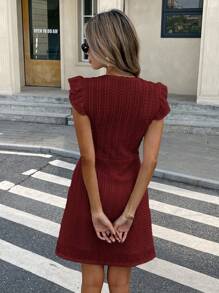 SHEIN Frenchy 女式纯色V领短袖夏装 - 酒紅色 - 查看 2