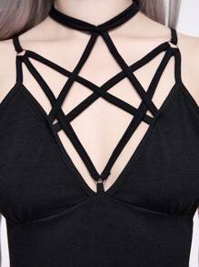 ROMWE Váy ngắn mùa hè màu trơn gợi cảm phong cách Gothic dành cho nữ - màu đen - Xem 2