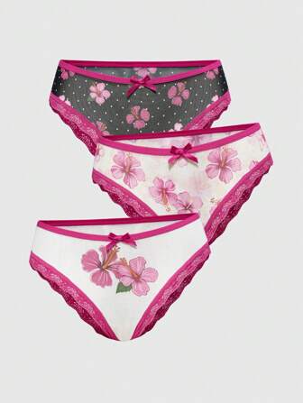 J-Fashion Set de 3 bragas de bikini con estampado de hibisco, malla y detalles de encaje en estilo playero de verano para mujer