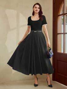 Vintamour 女士复古经典优雅T恤，修身撞色蝴蝶结短袖T恤，杏色，适合春季、夏季假日节日外出、商务休闲、教师等场合。 - 黑色 - 查看 5