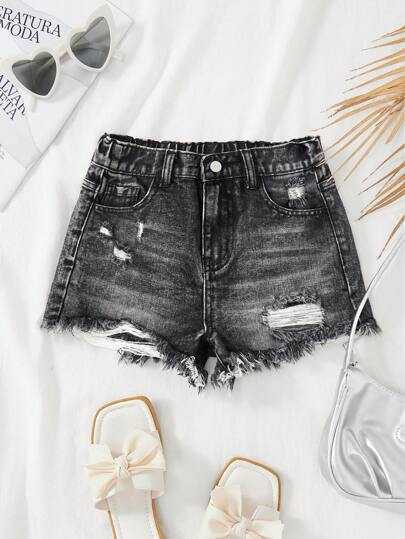 SHEIN Tween Girl Summer Boho Casual Solid Washed High Waist Solid Washed Ripped Denim Shorts With Frayed Hem And Distressed Pockets, Summer Beach Vacation Baggy Shorts,Summer Concert Festival Casual Rave, Brunch Graduation