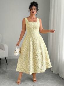 Elenzga Vestido de mujer de talla grande con cuello cuadrado, sin mangas y con textura en relieve - Amarillo - Ver 3