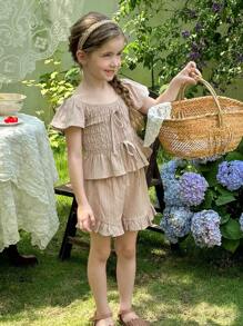 LMoss Kids 2 Pieces Young Girl Solid Round Neck Ruched Casual Top And Shorts Set - Apricot - View 4