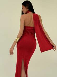 Aloruh Elegant One-Shoulder Flowy Ruched Sparkling Long Straight Dress For Formal Events Red - Burgundy - View 2
