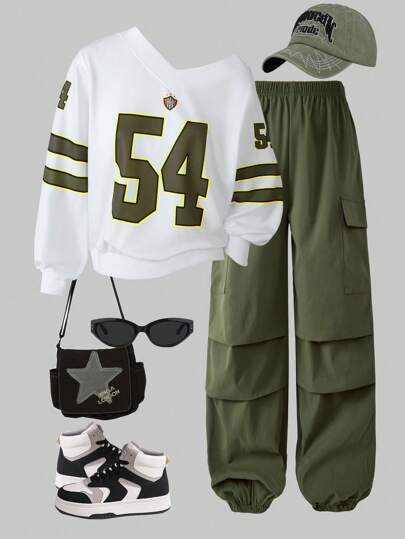 SHEIN ChillGRL Teen Girls Spring & Autumn Colorblock Number Print Long Sleeve Knit Sweatshirt And Side Pocket Drawstring Cargo Pants 2 Pieces Sets, Casual & Active Outfit For Cool Girls