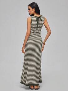 Roylia High-Elastic Dual-Color Openwork Knitted, Faux Knitted Openwork Striped Pattern, Fitted, Round Neck, Sleeveless, Tied Bowknot At Back, Contrast Tipping, Cutout At Back Collar, Super Oversized A-Line, Tank-Style, Waist-Cinched, Vacation, Festival, Casual, Elegant, Commute, Sexy, Minimalist, Romantic, Sweet, Bohemian Holiday, Long Maxi Dress For Women Spring/Summer Stripe Dresses For Women Striped Maxi Dress Summer Dress Vintage - Army Green - View 2