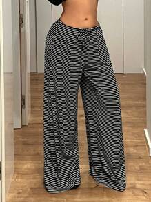 SHEIN ICON Damen Gestreifte Lange Hosen, Y2K Mode Lässige Gerade Bein Hosen mit Tunnelzug für Zuhause