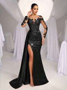 Glamrae Vestido largo tipo sirena de satén con bordados elegantes, encaje, lentejuelas y cola, adecuado para bodas, fiestas, bailes de graduación y cocteles - Vestido formal, elegante y de alta calidad para ocasiones especiales, invitados de boda - Negro - Ver 2