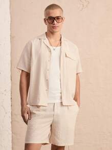 Manfinity VCAY 2pcs/Set Men Digital Print Band Collar Short Sleeve Loose Shirt, Elastic Waist Shorts Outfit - Khaki - View 1