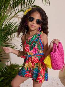Mono de niña con estampado tropical y cuello halter, adecuado para la playa/vacaciones