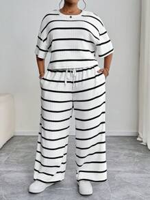 SHEIN PETITE CURVE Set de 2 bucăți de tricouri și pantaloni cu dungi casual, mărimea mare, vară - Alb-negru - Vizualizare 5