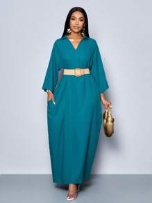 SOLERSUN Women's Fashionable V Neck Loose Batwing Sleeve Without Belt Dress For Holiday Maxi Women Outfit - Teal Blue - View 6