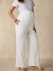 SHEIN Schwangere Frauen unifarbene Hose mit Tasche und Twist Taille, gerade Beinform, Lässig