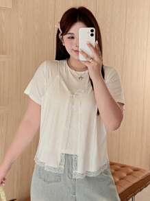 Dazy Plus Áo thun thời trang tay ngắn buộc ren tương phản cỡ lớn cho nữ - trắng - Xem 8