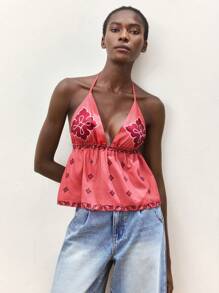 Maija Camiseta sin espalda con cuello halter de color rosa para mujer, casual, para vacaciones de verano, con diseño de estampado de moda - Rosa - Ver 5