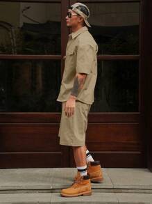 DAZY 男士纯色休闲衬衫套装 - 短袖衬衫和短裤，春夏季舒适服装 - 卡其色 - 查看 6