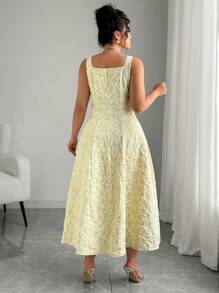 Elenzga Vestido de mujer de talla grande con cuello cuadrado, sin mangas y con textura en relieve - Amarillo - Ver 2