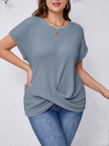 SHEIN Clasi 女式加大码纯色圆领短袖扭腰休闲T恤 - 藍色 - 查看 3