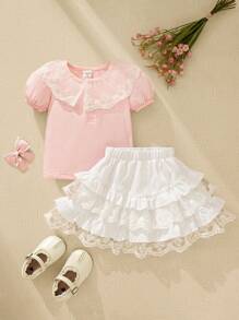 SHEIN Baby Girl Sweet Lace Ruffle Collar Short Sleeve Cardigan And Asymmetrical Ruffled Peplum Skirt Full Outfit Set, Suitable For Summer - Multicolor - View 3