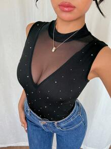 Rafferiza Women's V-Neck Sheer Mesh Patchwork Bodysuit, Sexy & Alluring, Autumn - Black - View 6