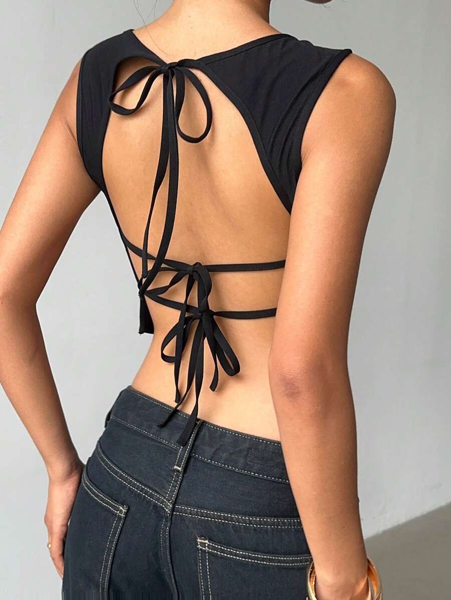 Aloruh Women's Summer Casual Solid Color Tie-Backless Cropped Tank Top - Black - View 1