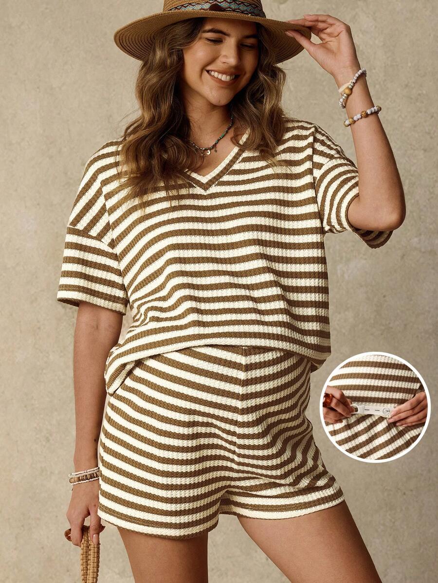 SHEIN Maternity Two Pieces Suits  Boho  Maternity Shorts   Women Summer Clothing  Maternity Shorts - Khaki - View 1