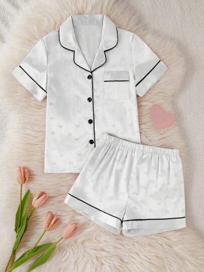 大女孩缎面爱心图案针织短袖短裤睡衣套装