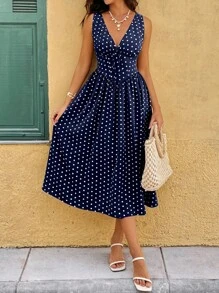 Breezaya Fashion Versatile V-Neck Waisted Sleeveless Midi A-Line Polka Dot Dress For Women - Multicolor - View 6