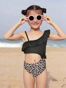 SHEIN Traje de baño de una pieza con volantes y recortes con estampado de leopardo para niña