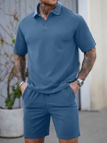 Manfinity CasualCool Conjunto de camisa polo de manga corta y pantalones cortos de unicolor informal para hombre, de verano