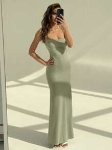 Aloruh 女式白色露背系带紧身垂坠领连衣裙 - 橄欖綠 - 查看 6