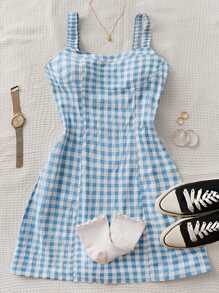 新款女式格纹可爱束腰无袖连衣裤连衣裙