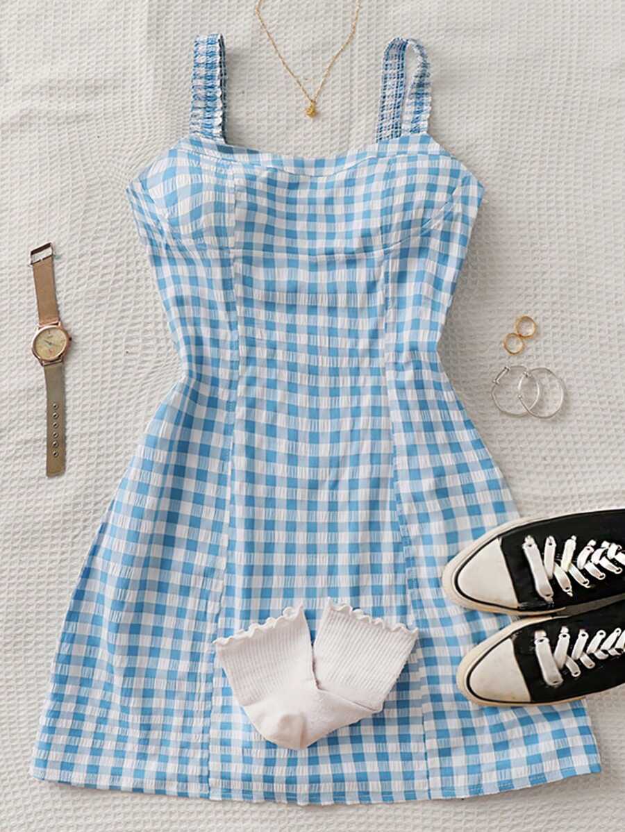 新款女式格纹可爱束腰无袖连衣裤连衣裙