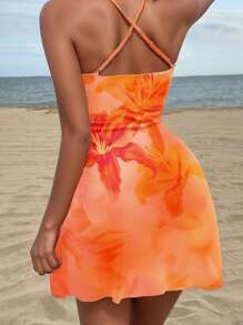 SHEIN SXY Rochie de damă, portocaliu, cu imprimeu floral, cu gât drapat, rochie scurtă, pentru plajă, vară