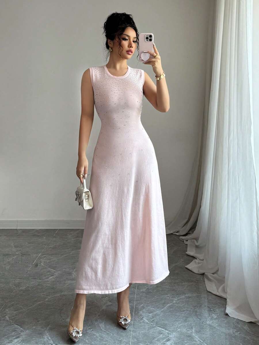 Selianne Fashionable Elegant Round Neck Sleeveless Rhinestone Decor Dress For Women - Pink - View 1