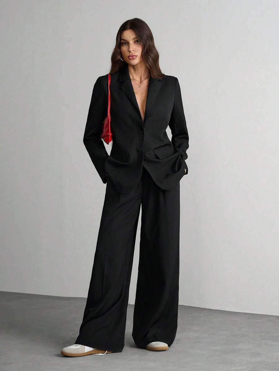 SHEIN Tall Young Women Casual Grey Textured Oversized Long Sleeve Loose Blazer For Commuting Office Outfits For Women Business Women Attire In Fall/Winter - Black - View 1