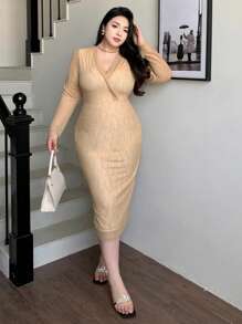 Dazy Plus Plus Size Textured Fabric V-Neck Bodycon Tie-Waist Split Midi Cocktail Dress,Fall Dress Long Sleeve Dress - Khaki - View 3