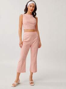 WESTFADE Cowgirl Gingham Checkered Plaid Boat Neck Sleeveless Cropped Tank Top & High Rise Flared Leg Ankle Length Pants Women Two Pieces Matching Set Summer Nashville Rodeo Western Vacation Outfit - Multicolor - View 1