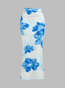 Girlism Teengirl 2 Pieces Set: Blue Casual Floral Pattern Asymmetrical Ruched Snug Fit Mini Skirt, Suitable For Summer, Vacation Outfits Young Girls Sets Summer Outfits 15 16