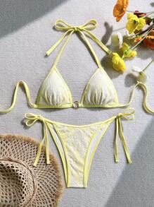 Swim Mod Women's Summer Holiday Beach Contrast Lace Halter Bikini Set - Yellow - View 1