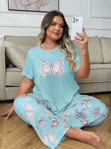 SHEIN 蝴蝶印花休闲大码女式短袖睡衣套装 - 藍色 - 查看 7