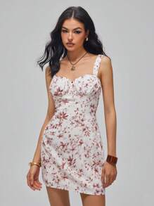 Roylia French Floral Print Tight Waist Ruffle Decoration Camisole Dress With Bust Cup For Women - Multicolor - View 4