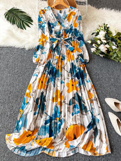 Trelyra 1 件女士优雅花卉褶皱 V 领裹身裙，配腰带和长袖超长女装