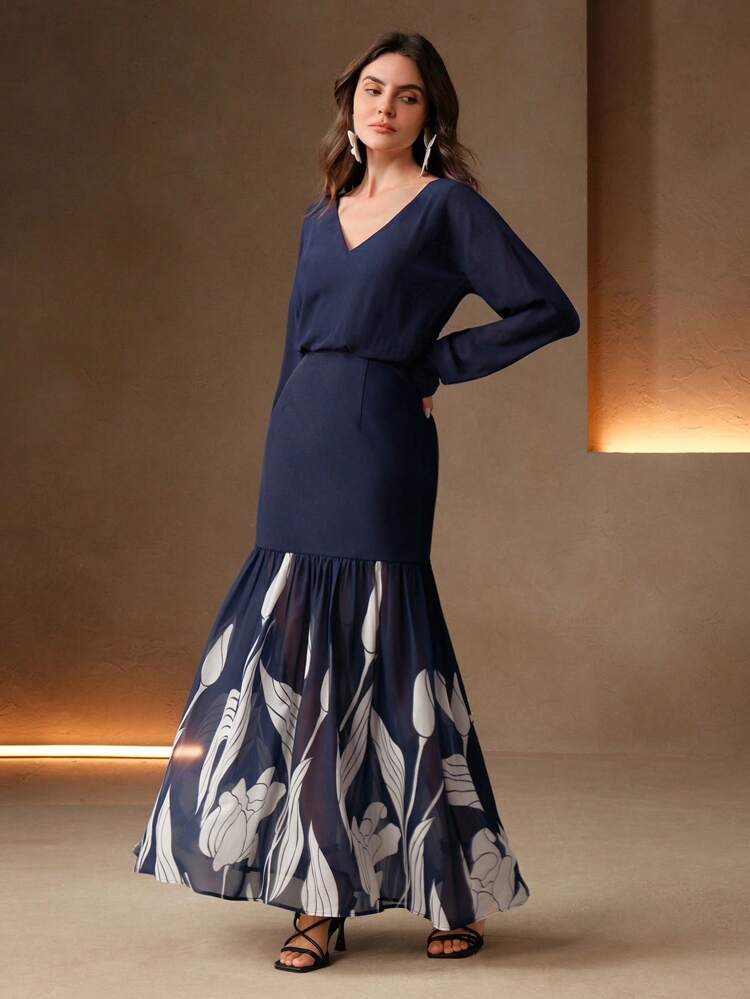 Floral Print V-Neck Elegant Long Sleeve Ruffle Hem Dress
