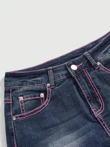 ROMWE J-Fashion Váy denim mini cạp thấp thắt lưng chuỗi sao cổ điển Y2K, thắt lưng có thể tháo rời - Màu xanh lam - Xem 3